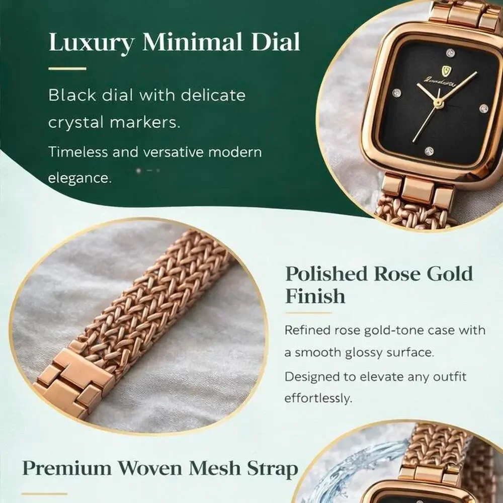 Women’s Rose Gold Square Watch Black Dial Luxury Mesh Band Elegant Waterproof - Picture 4 of 5
